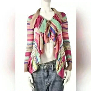 Y2K KENZO Pink Green Multicolour Stripe Silk  Knit Tie Frilly Cardigan Small